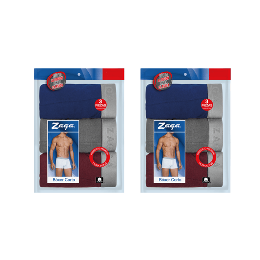 Boxer Corto Algodón 100% 6Pack Azul, Gris, Vino