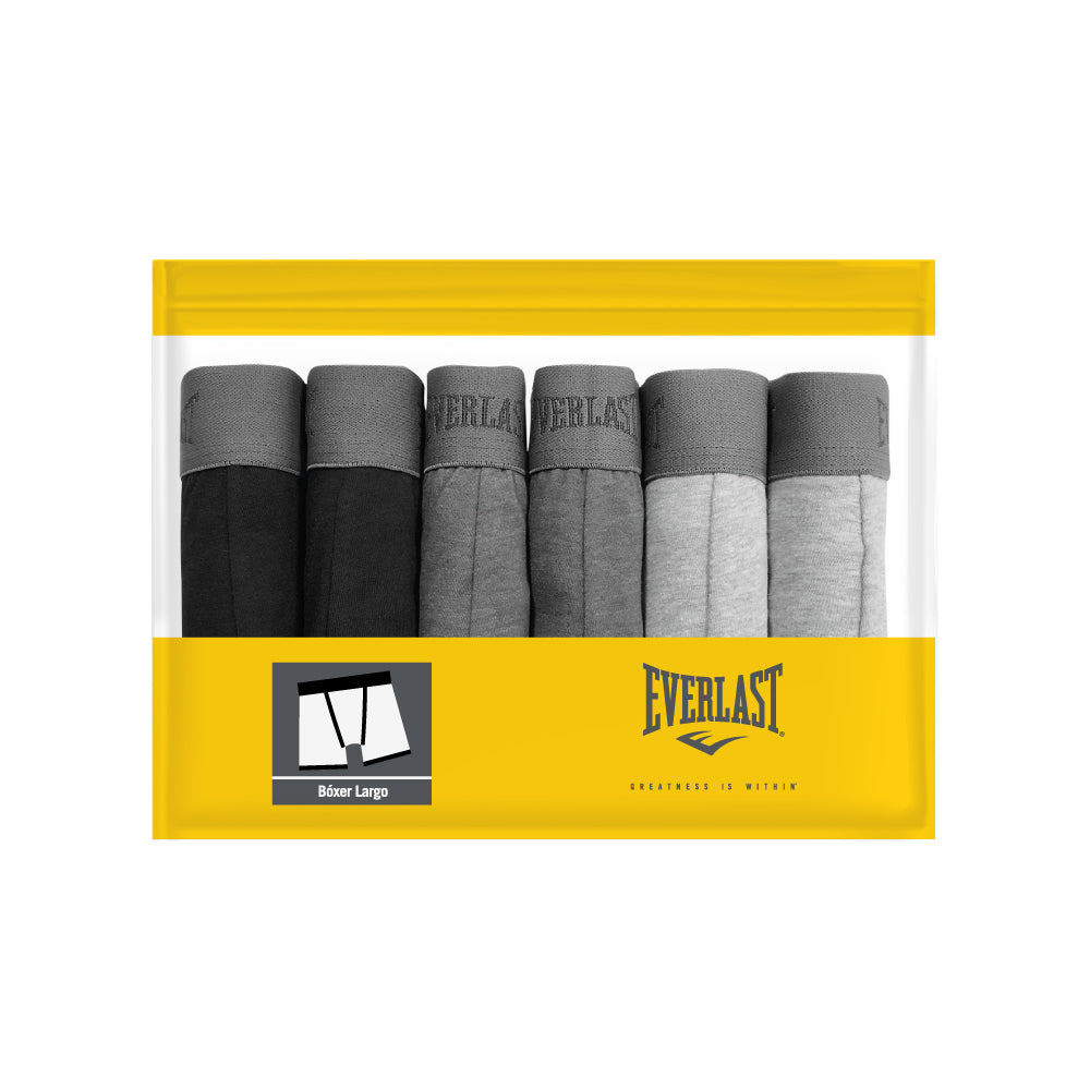 Boxer Largo Everlast 6 Pack Colores Lisos Negro Gris Jaspe