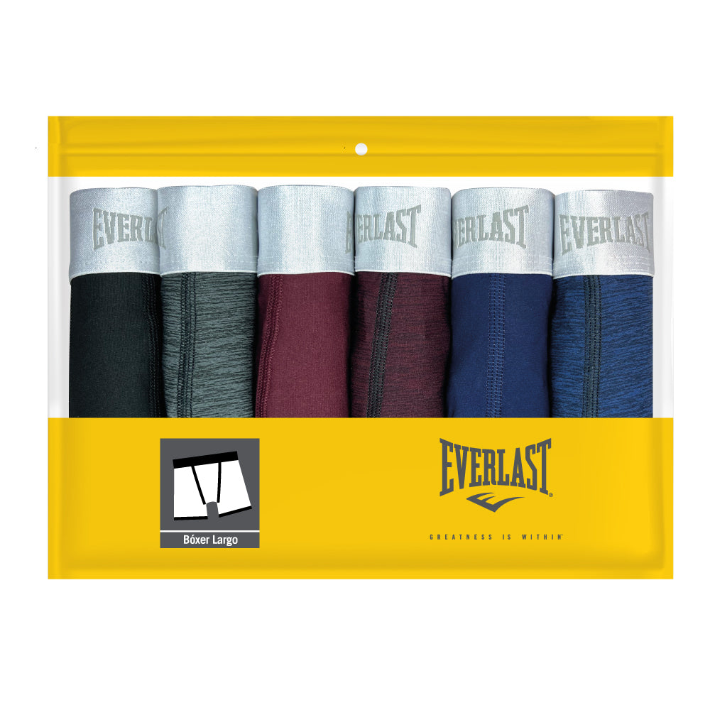 Boxers de microfibra de la marca Everlast en color negro melange con detalles en vino y marino. Este conjunto incluye seis piezas de alta calidad y comodidad. Los boxers están diseñados para ofrecer una sensación suave y transpirable, ideal para el uso diario. Fabricados con materiales duraderos y elásticos que brindan un ajuste perfecto y una gran libertad de movimiento. La elección perfecta para hombres que buscan estilo y confort en su ropa interior.
