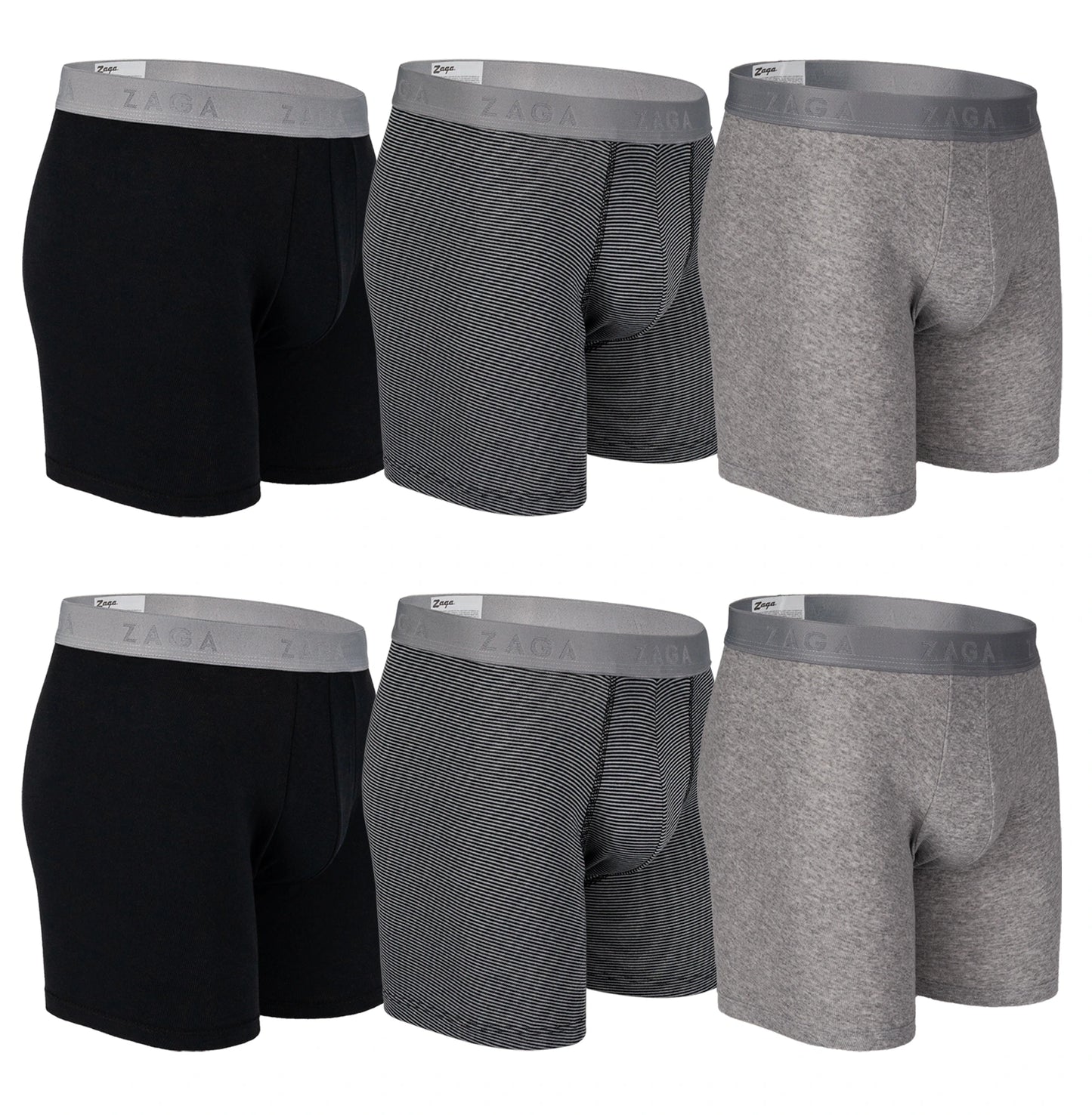 Boxer Largo Algodón 100% 6Pack Negro, Rayas, Jaspe